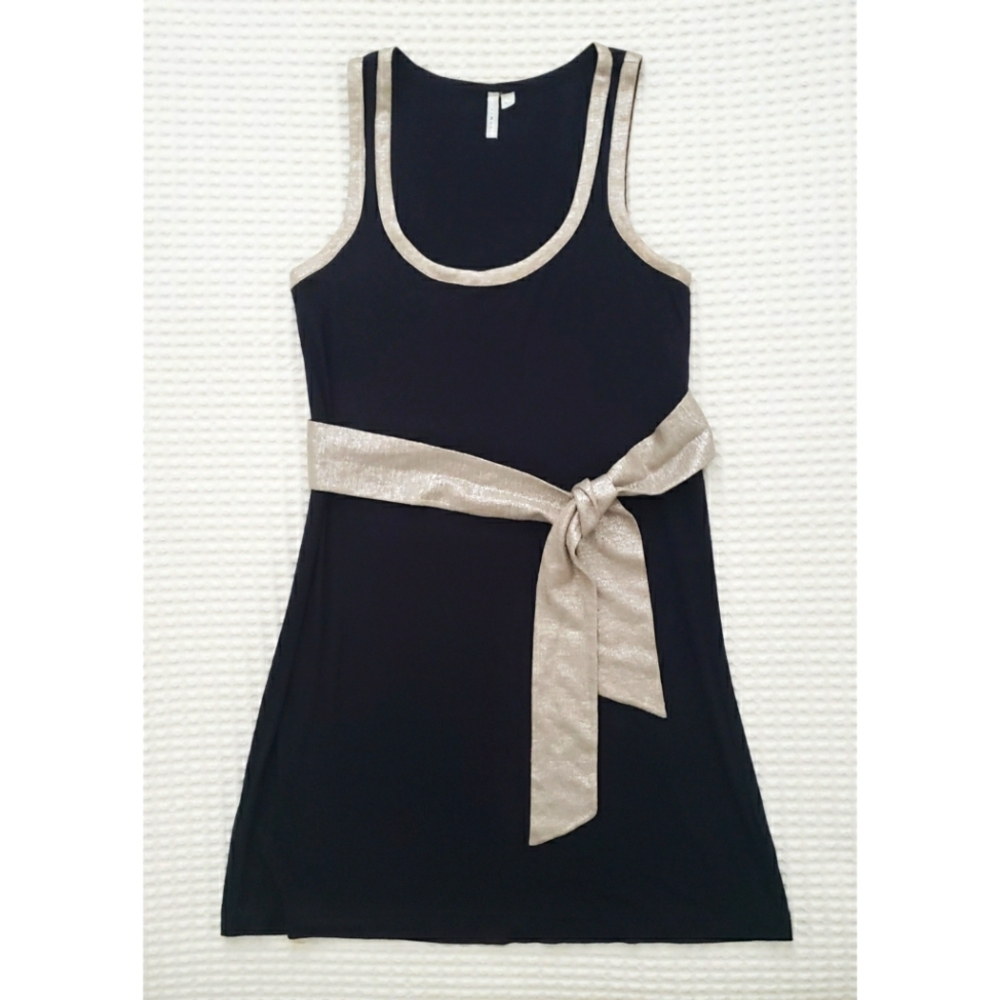 IISLI New York navy blue metallic linen belted jersey knit a-line mini dress P